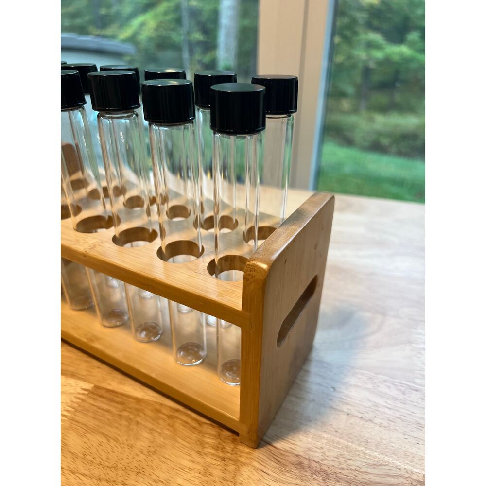 12 Capped Glass Test Tubes with Wood Stand Display Rack Science Lab Testing - Picture 3 of 12